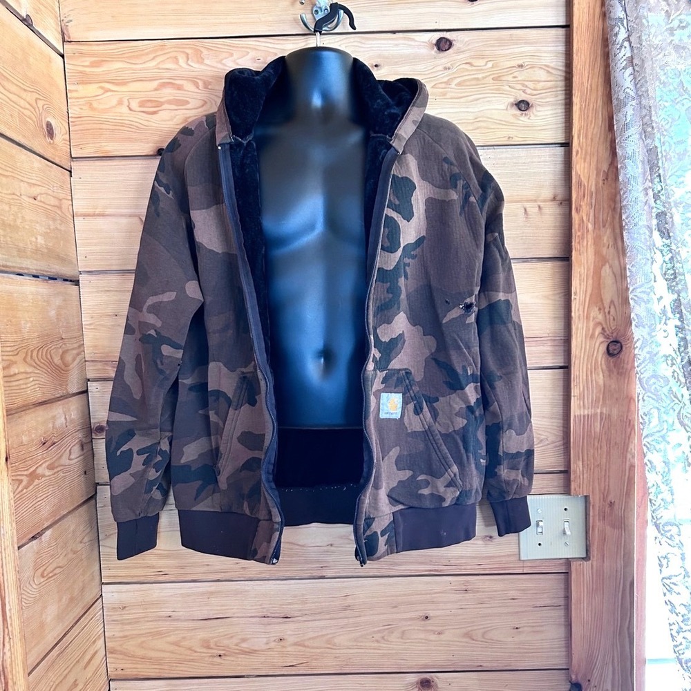 Vintage Camo Hooded Jacket Mens Large Brown Camouflage Thrashed Sherpa Carhartt